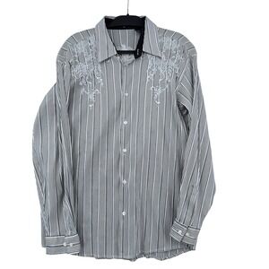 Pronti Embroidered Striped Button‎ Front Shirt Mens XL Cotton Blend Black White